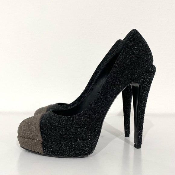 Authentic Chanel Black and Grey Glitter Platform Heels size 37 1/2 - Picture 2 of 12